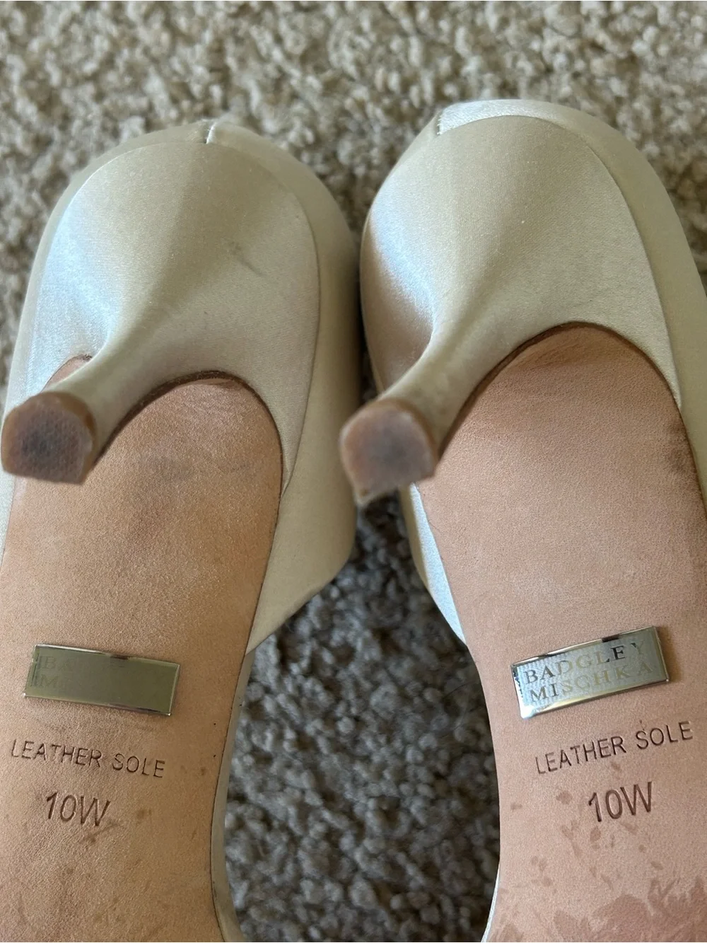 Badgley Mischka Ivory Satin Peep-Toe Heels with Crystal Brooch